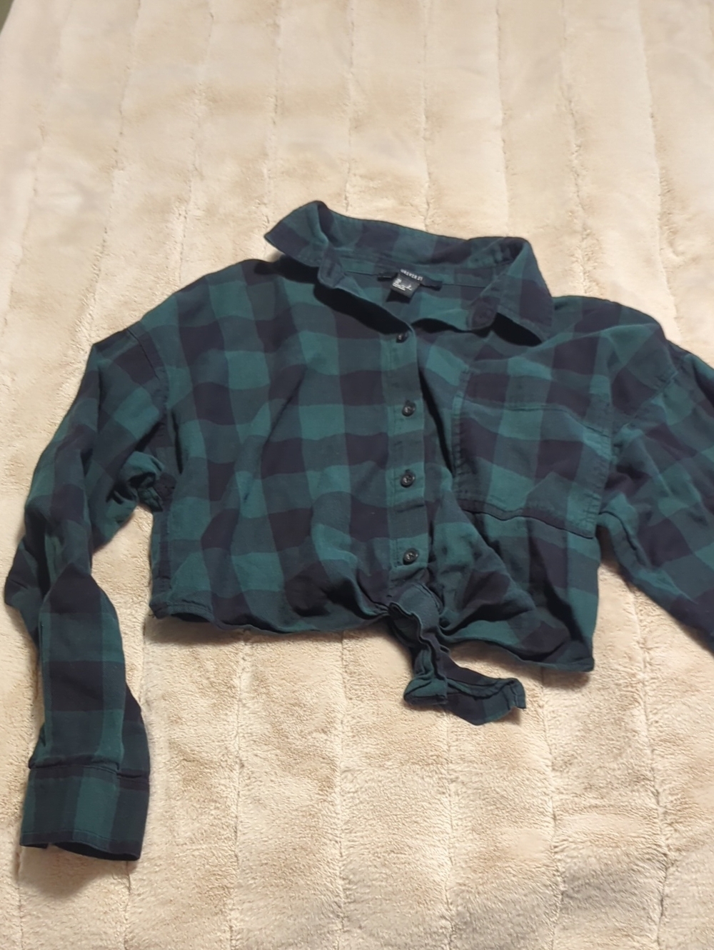 Forever 21 Green & Black Plaid Tie-Front Button-Up Shirt
